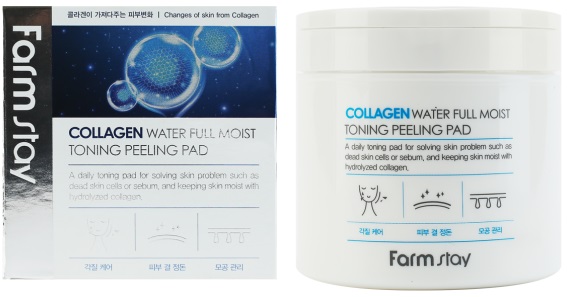 ОТШЕЛУШИВАЮЩИЕ ОЧИЩАЮЩИЕ ПОДУШЕЧКИ С КОЛЛАГЕНОМ, FARMSTAY COLLAGEN WATER FULL MOIST TONING PEELING PAD. FARMSTAY